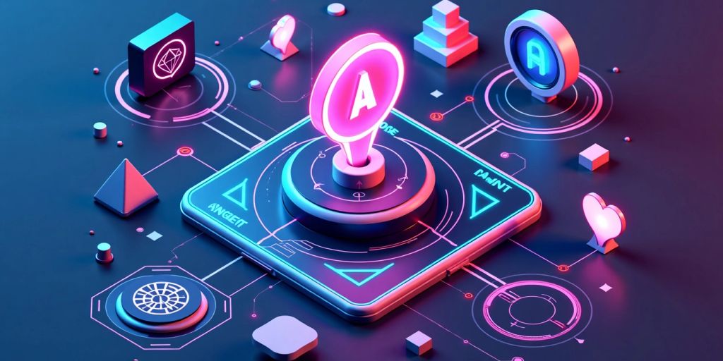 Isometric AI agent icon with geometric shapes and colors.