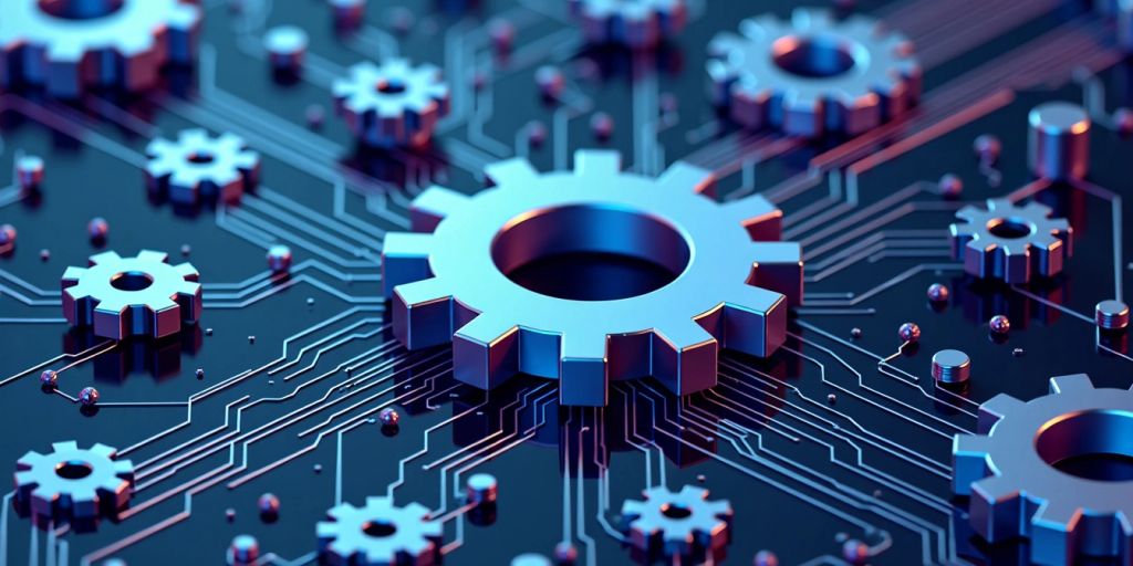 Isometric illustration of gears and digital nodes.