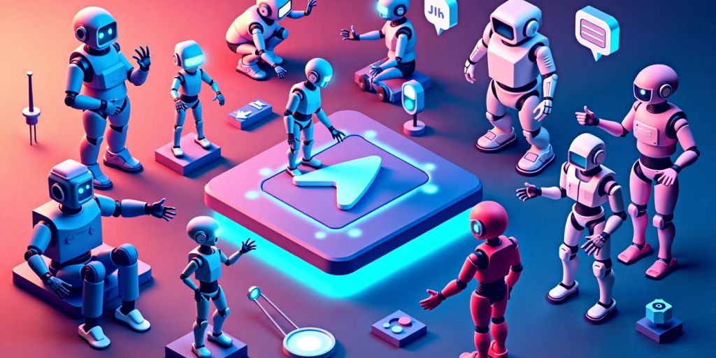 Isometric illustration of diverse AI agents in action.