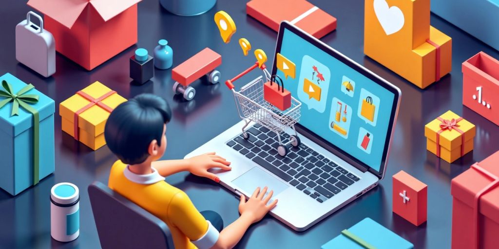 Isometric illustration of an AI shopping assistant with products.