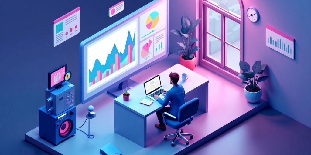 Isometric startup office with AI marketing tools