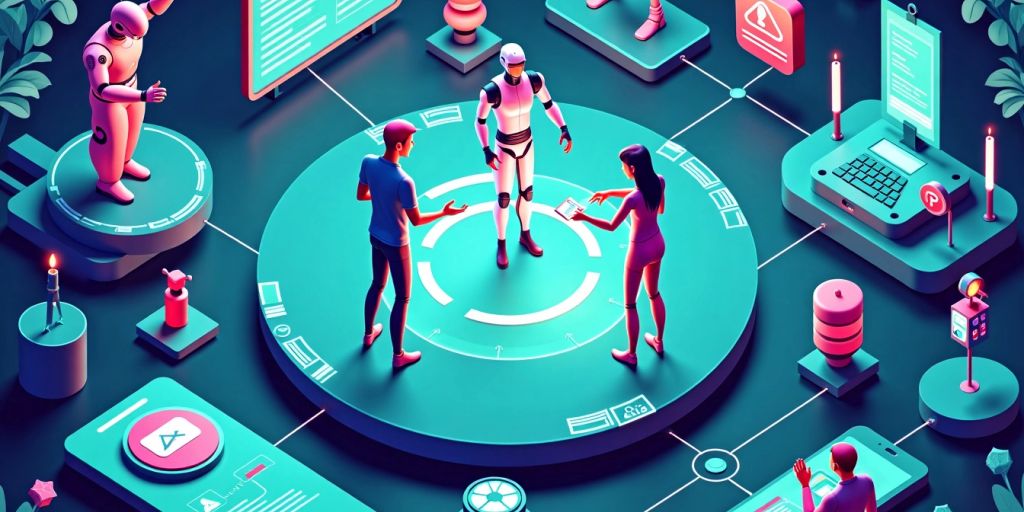 Isometric illustration of AI agents in a tech environment.