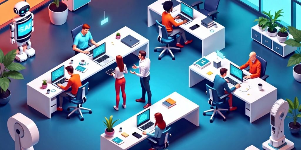 Isometric illustration of AI agents in a modern office.