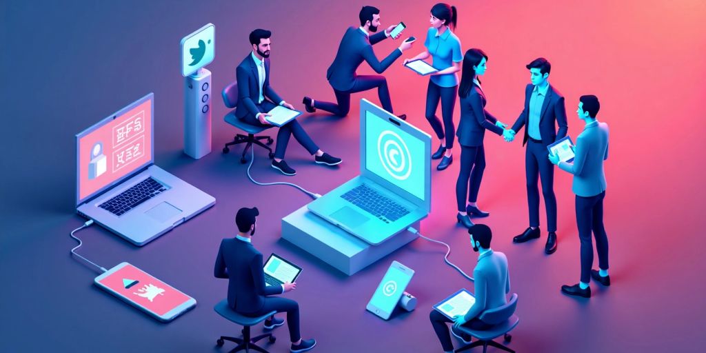 Isometric illustration of AI agents in customer service.