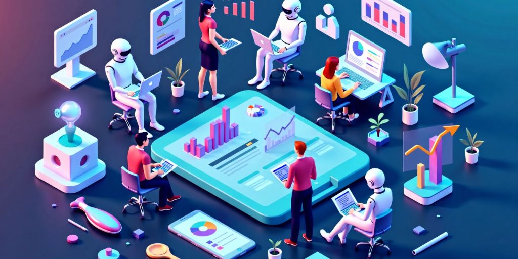 Isometric illustration of AI marketing agents collaborating.