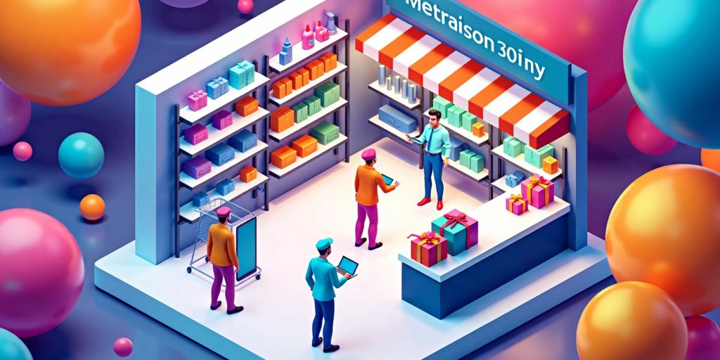 Isometric view of retail space with AI agents.