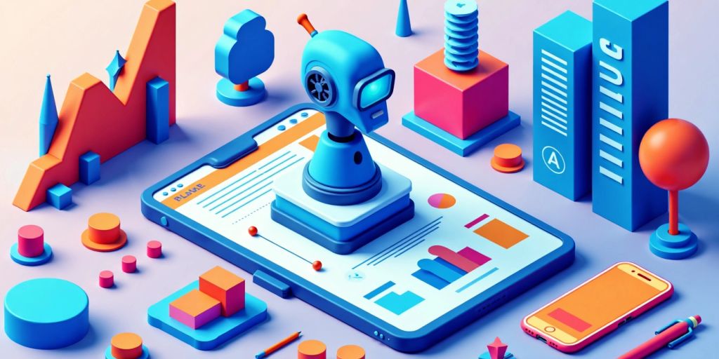 Isometric illustration of AI marketing tools and solutions.