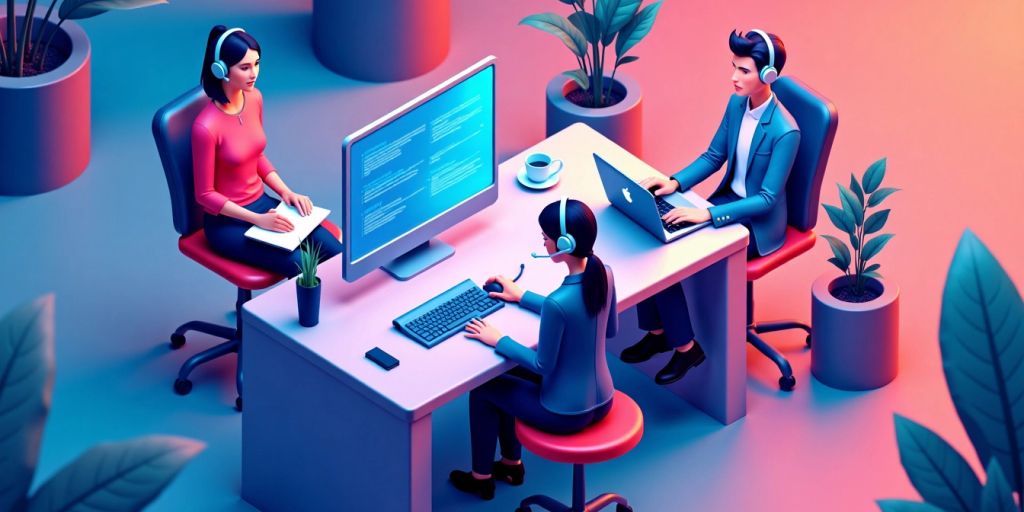 Isometric view of AI-enhanced customer support agents.