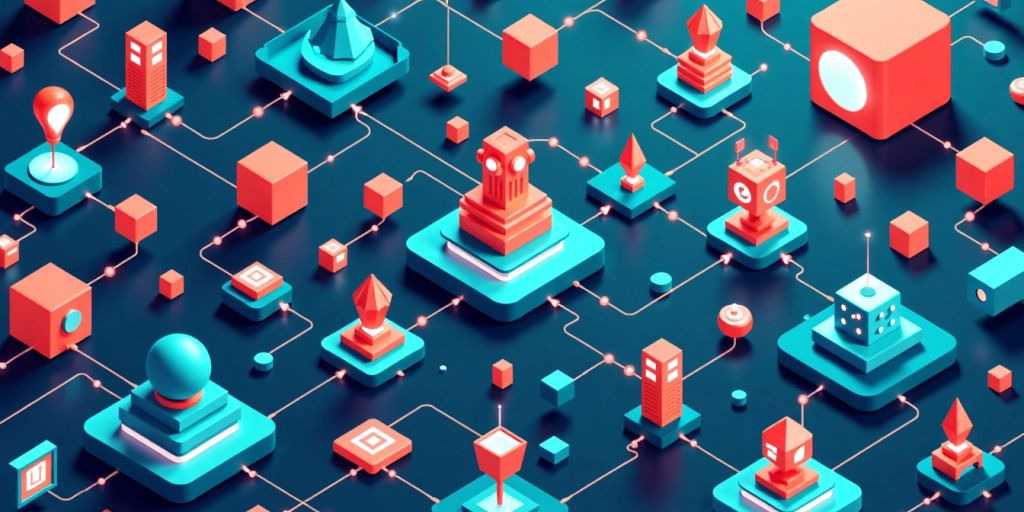 Isometric illustration of diverse AI agents in geometric shapes.