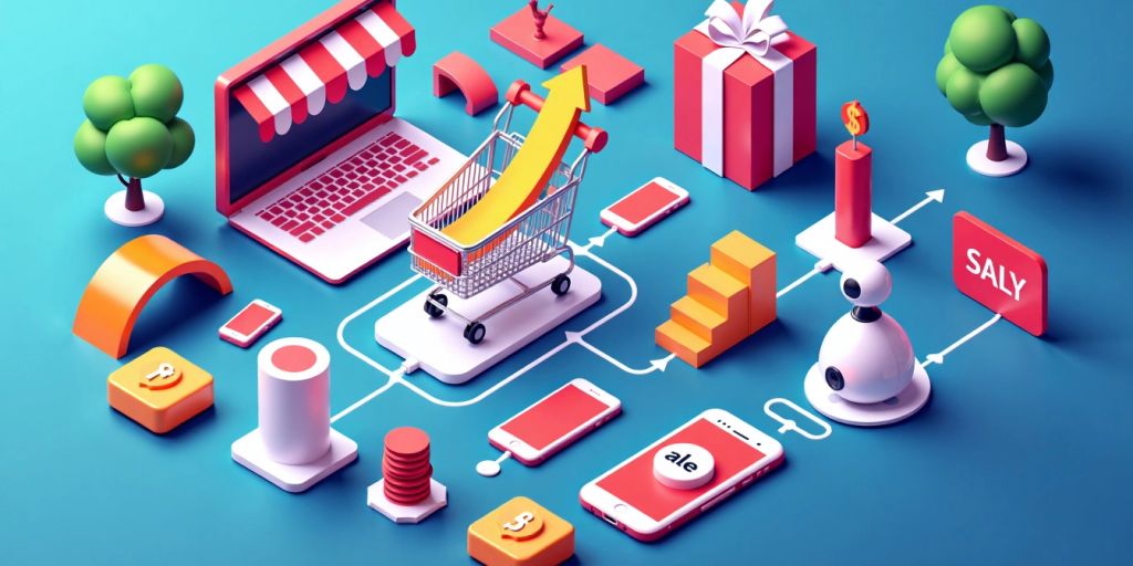 Isometric illustration of e-commerce and AI marketing elements.