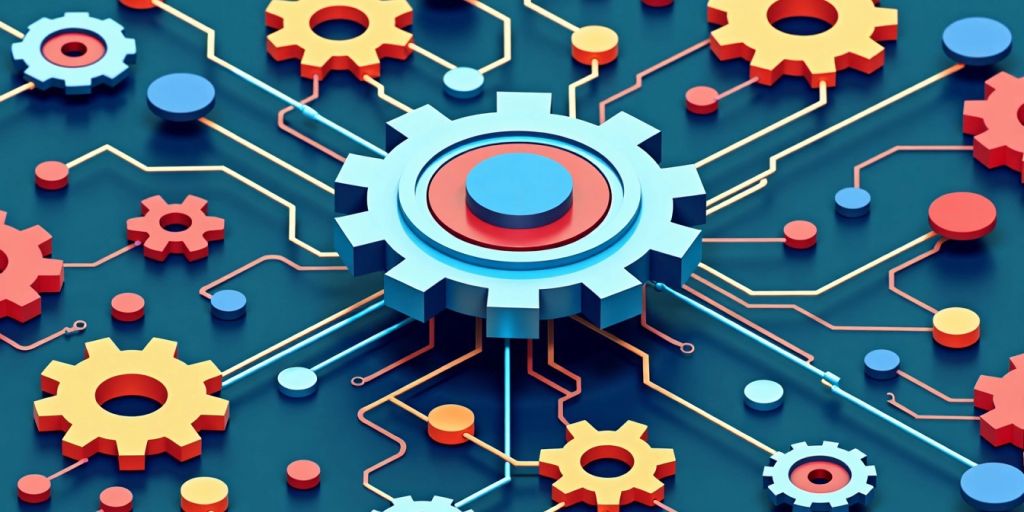 Isometric view of interconnected AI components and circuits.