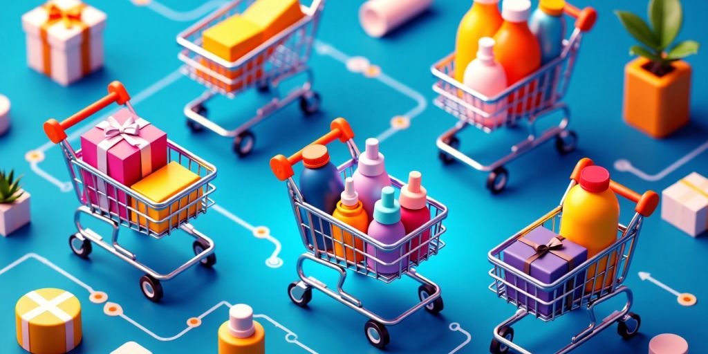 Isometric image of shopping carts with products and AI elements.