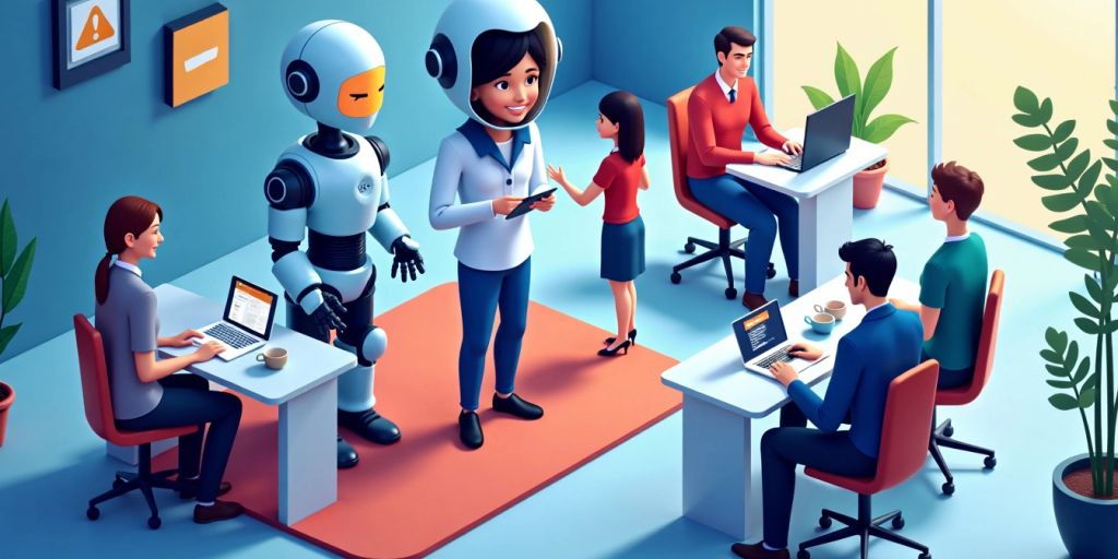 Isometric image of AI assistant with customers and devices.