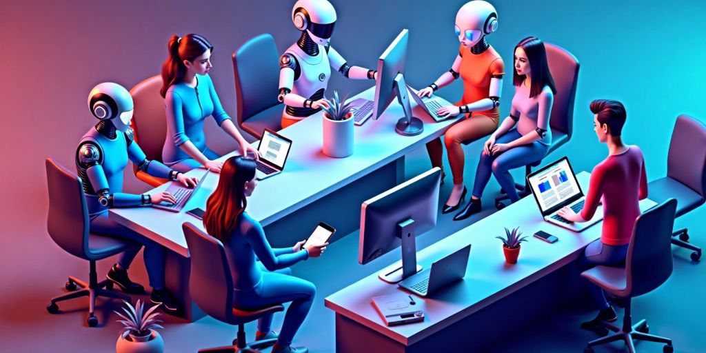 Isometric view of AI agents collaborating in a workspace.