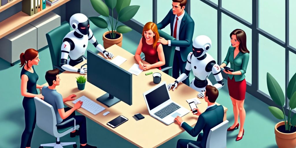 Isometric image of professionals working with AI robots.