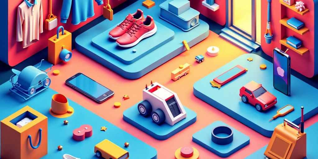 Isometric illustration of diverse shopping items in vibrant layout.