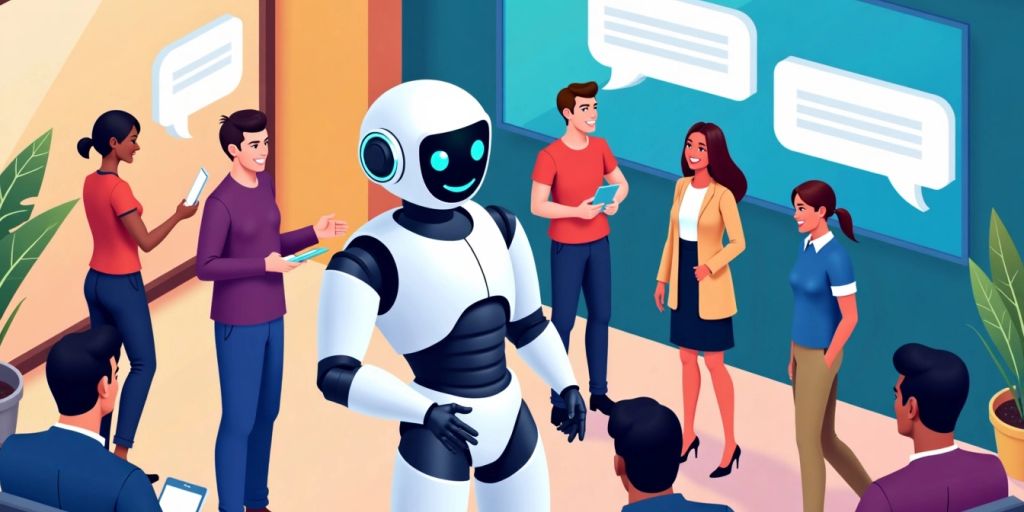 Isometric image of an AI chatbot with customers.