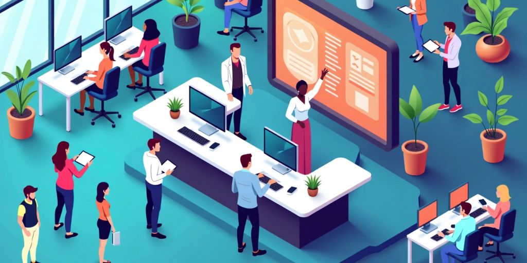 Isometric image of AI helpdesk agents assisting customers.