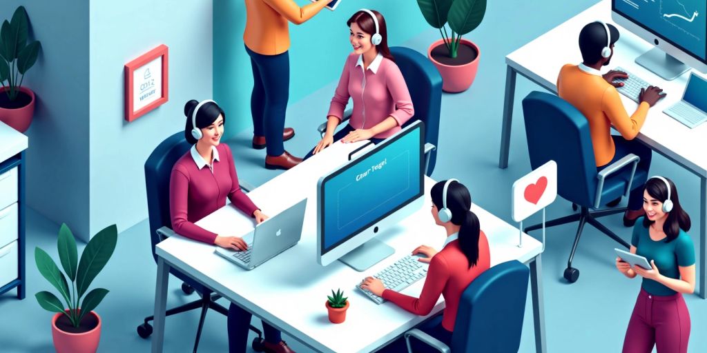 Isometric image of AI call center agents at work.