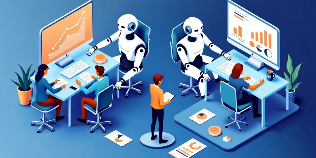 AI robots and human marketers working on strategies