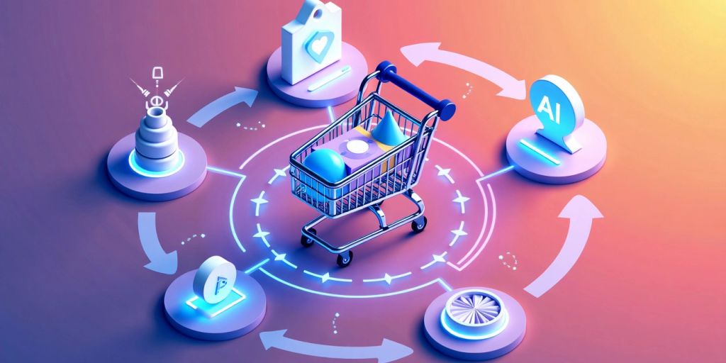 Isometric shopping cart with AI elements and arrows.