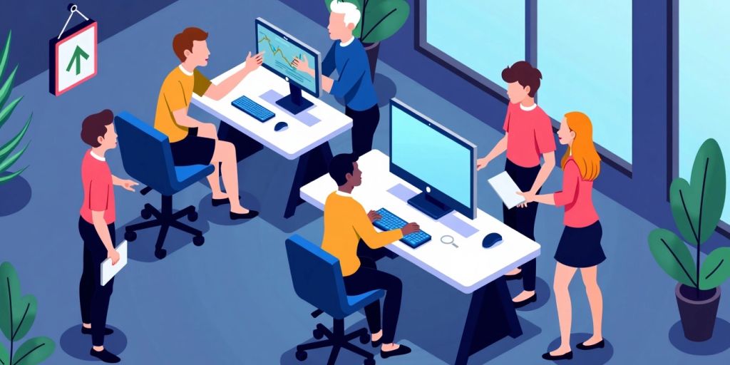 Isometric image of AI agents assisting customers in an office.