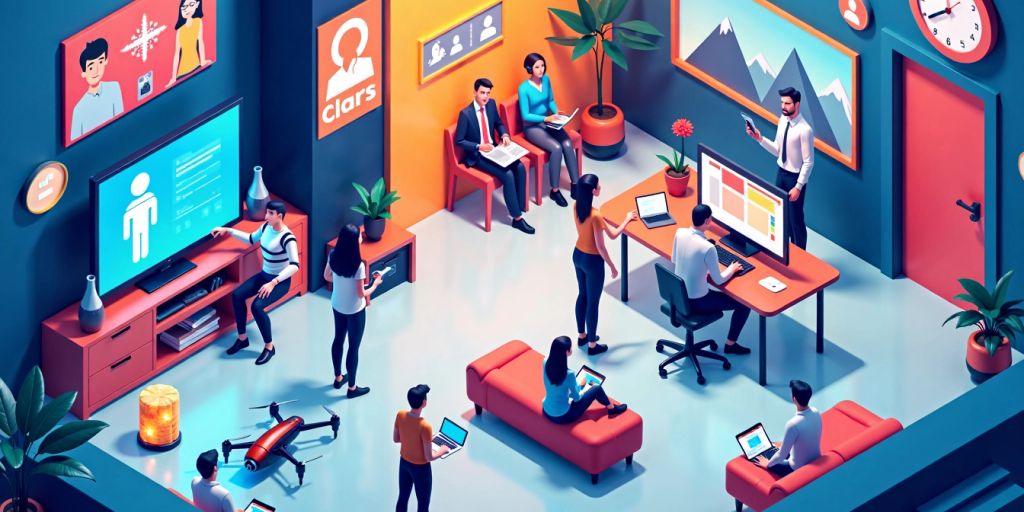 Isometric illustration of diverse AI agents in action.