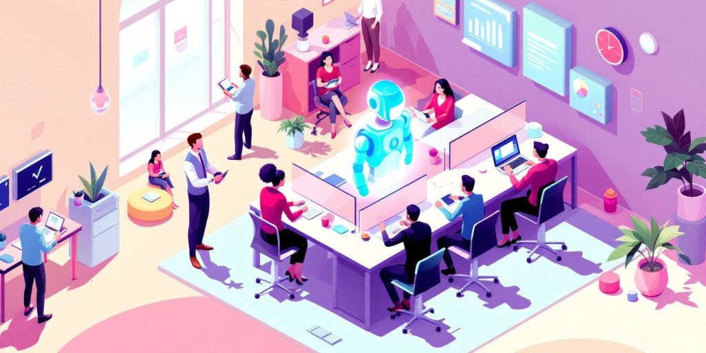 Isometric illustration of employees engaging with AI agents.