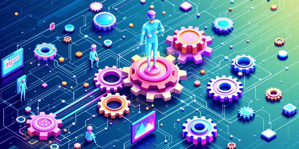 Isometric view of AI agents managing workflows in business.