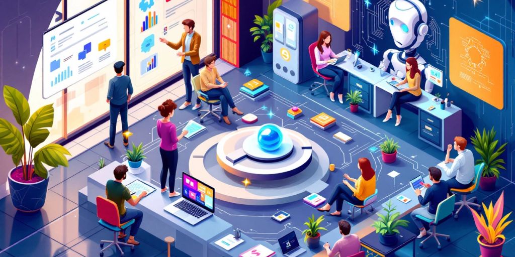 Isometric view of AI in recruitment with diverse professionals.