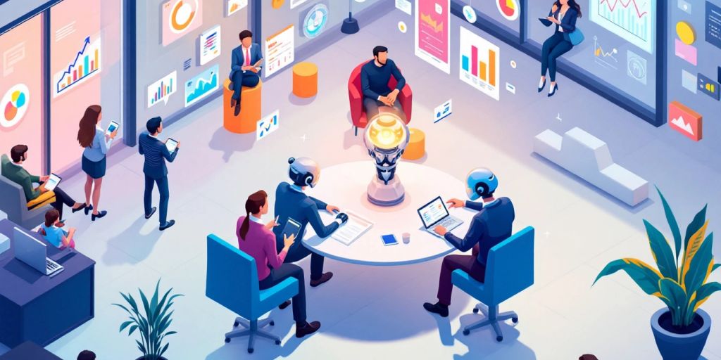 Isometric illustration of AI agents in a modern office.