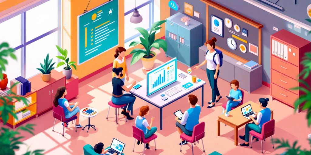 Isometric illustration of students using AI in education.