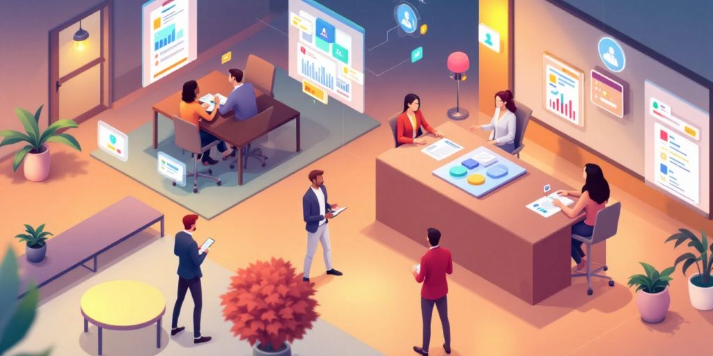 Isometric illustration of AI payroll processing in an office.