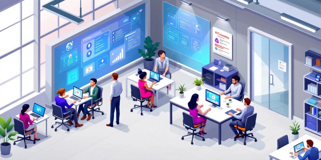 Isometric illustration of AI onboarding in a modern office.