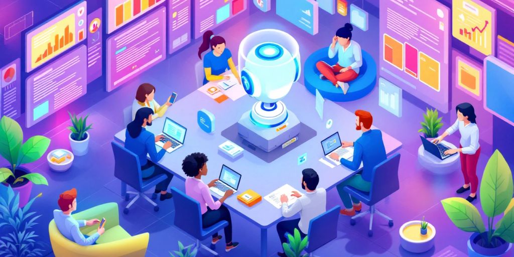 Isometric illustration of professionals collaborating with AI agents.