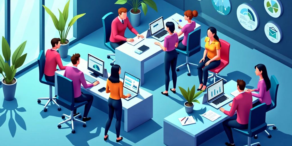 Isometric view of AI agents collaborating in an office.