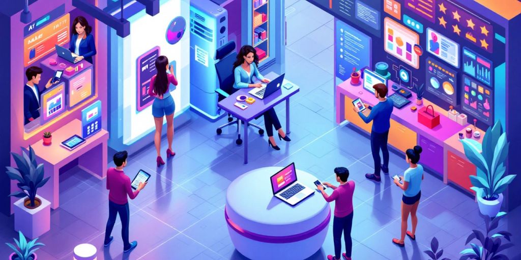 Isometric view of AI sales assistant engaging with customers.