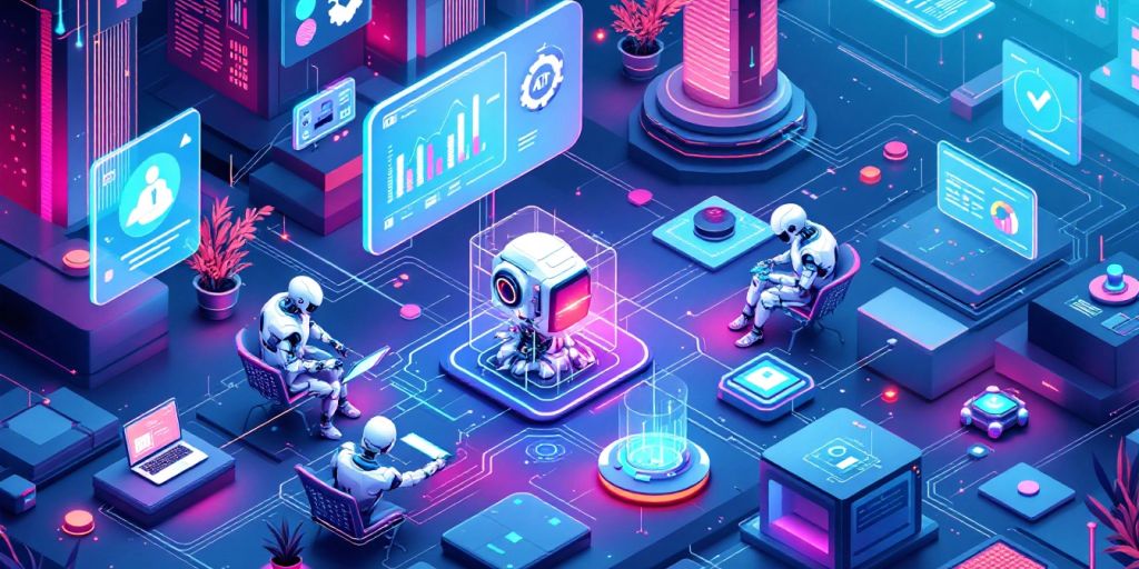 Isometric view of AI agents collaborating in automation.