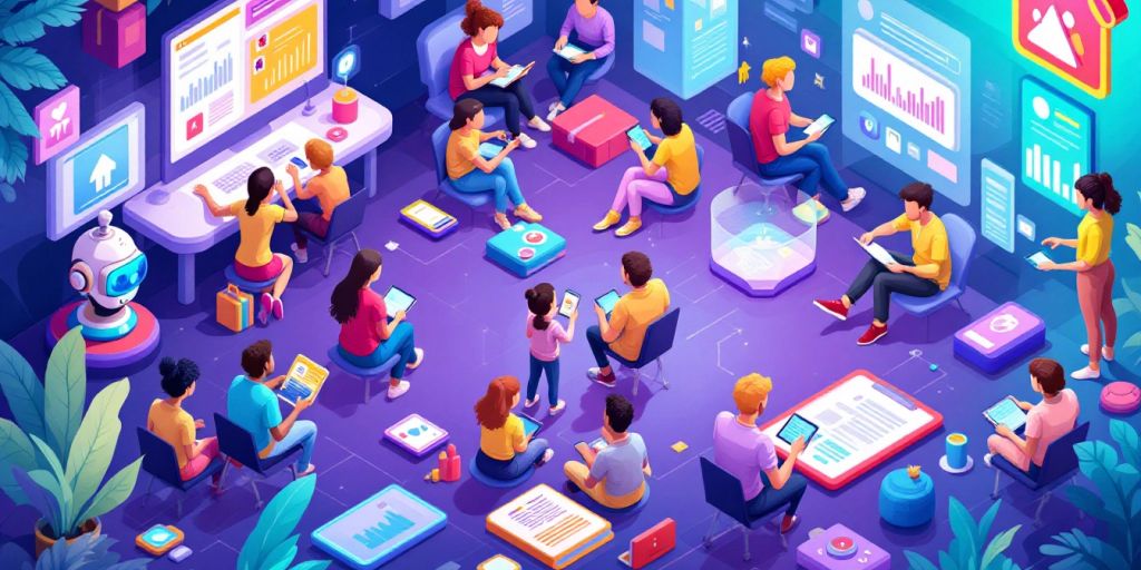 Isometric view of students using AI for personalized learning.