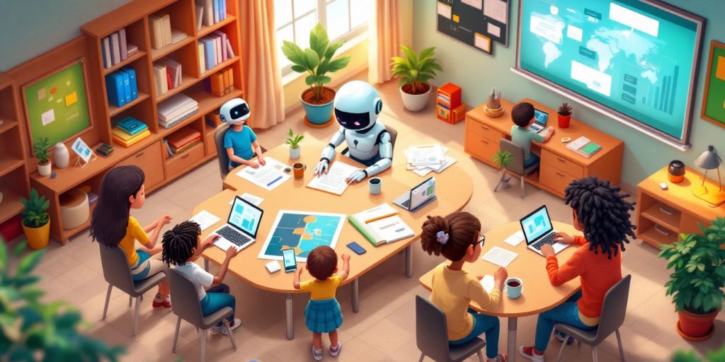 Isometric illustration of AI tutors and students learning together.