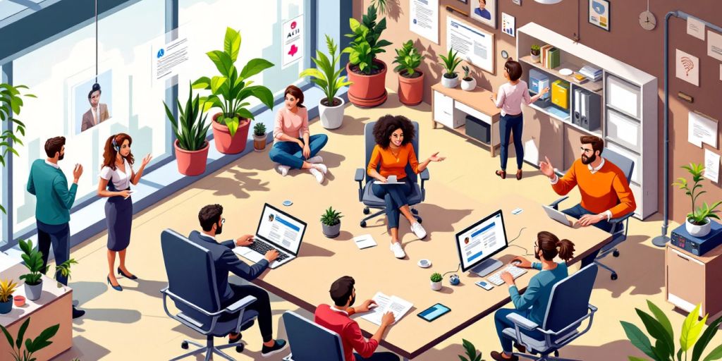 Isometric image of professionals with AI recruitment agents.