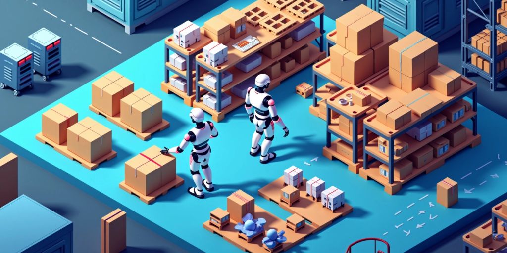 Isometric view of AI robots managing warehouse inventory.