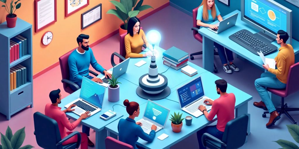 Isometric illustration of AI agents enhancing productivity.