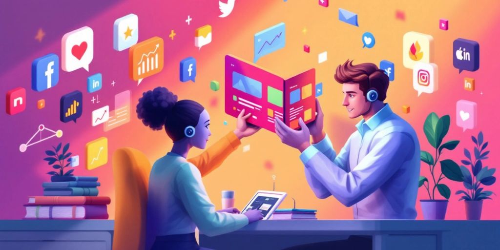 Isometric illustration of AI marketing agents and businesses.